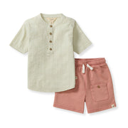 Seersucker Boy Shirt & Short Set - Green Wash