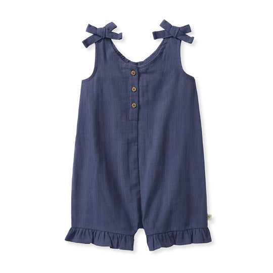 Check Gauze Organic Baby Girl Romper - Blue Smoke