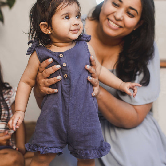 Check Gauze Organic Baby Girl Romper - Blue Smoke