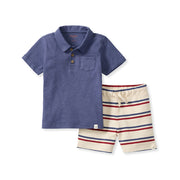 Blue Polo Tee & Stripe Shorts Set