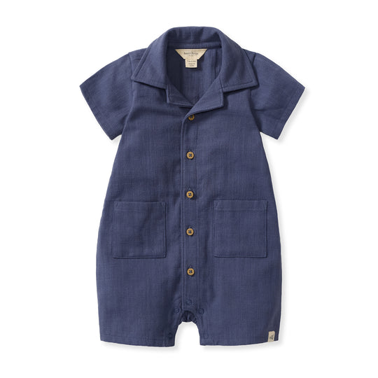 Check Gauze Organic Cotton Baby Boy Romper