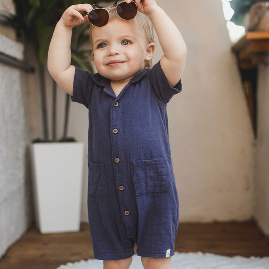 Check Gauze Organic Cotton Baby Boy Romper