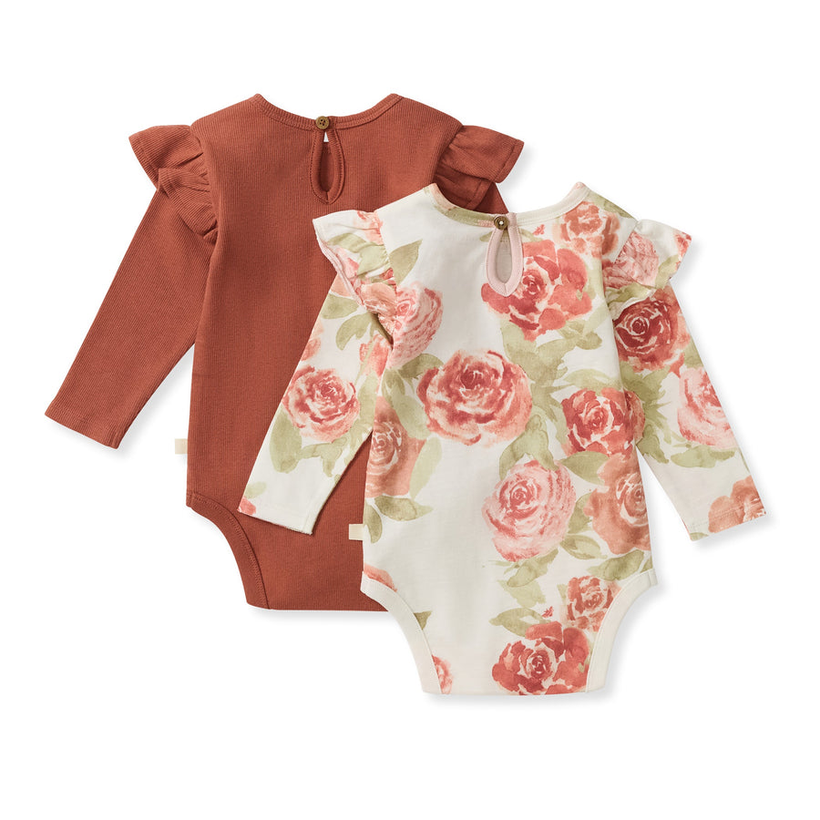 2 Pack Autumn Rose Girl Long Sleeve Bodysuits - Sequoia Bark