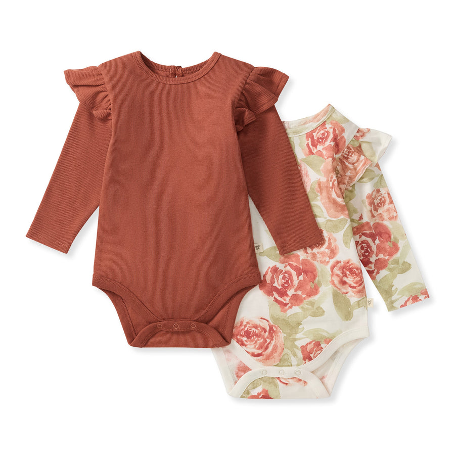2 Pack Autumn Rose Girl Long Sleeve Bodysuits - Sequoia Bark