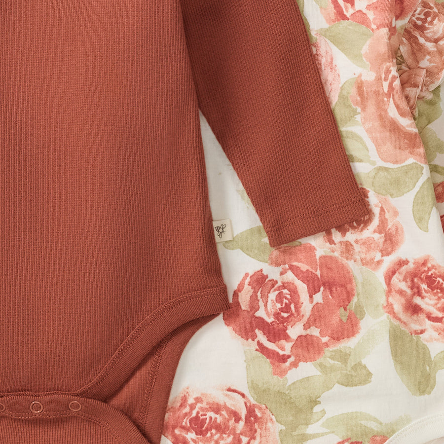 2 Pack Autumn Rose Girl Long Sleeve Bodysuits - Sequoia Bark