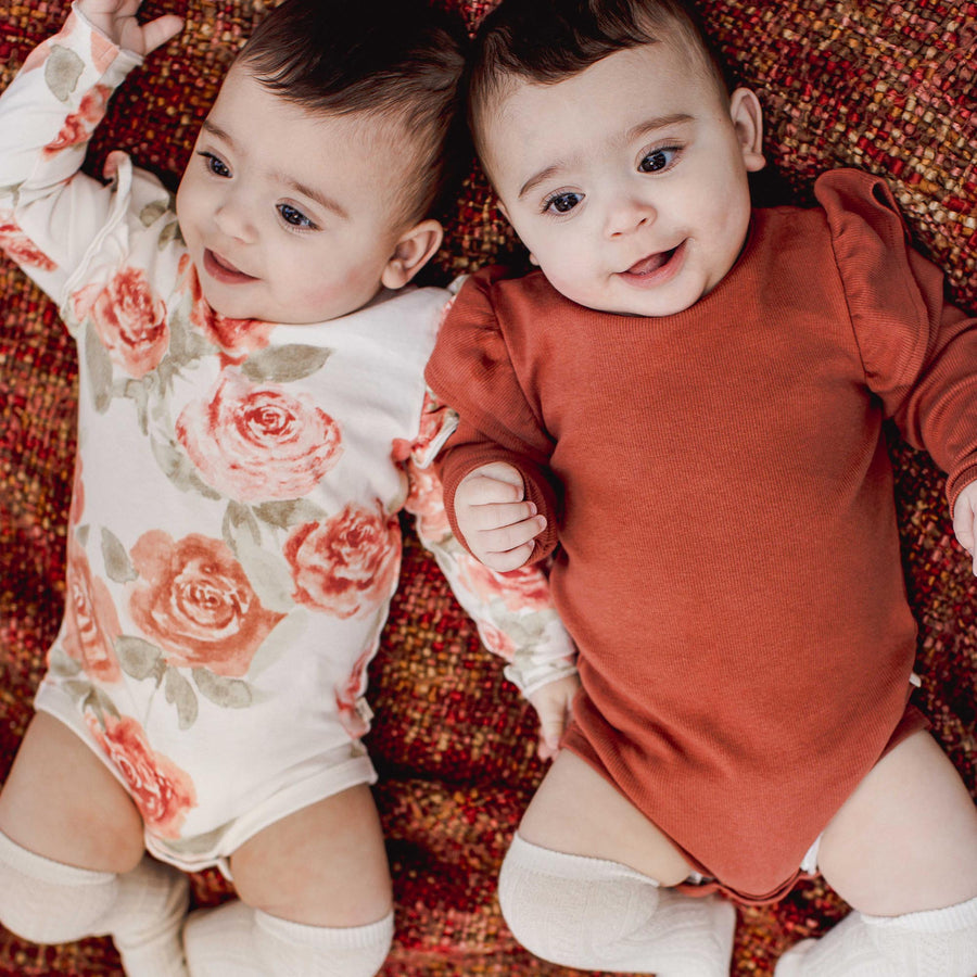 2 Pack Autumn Rose Girl Long Sleeve Bodysuits - Sequoia Bark