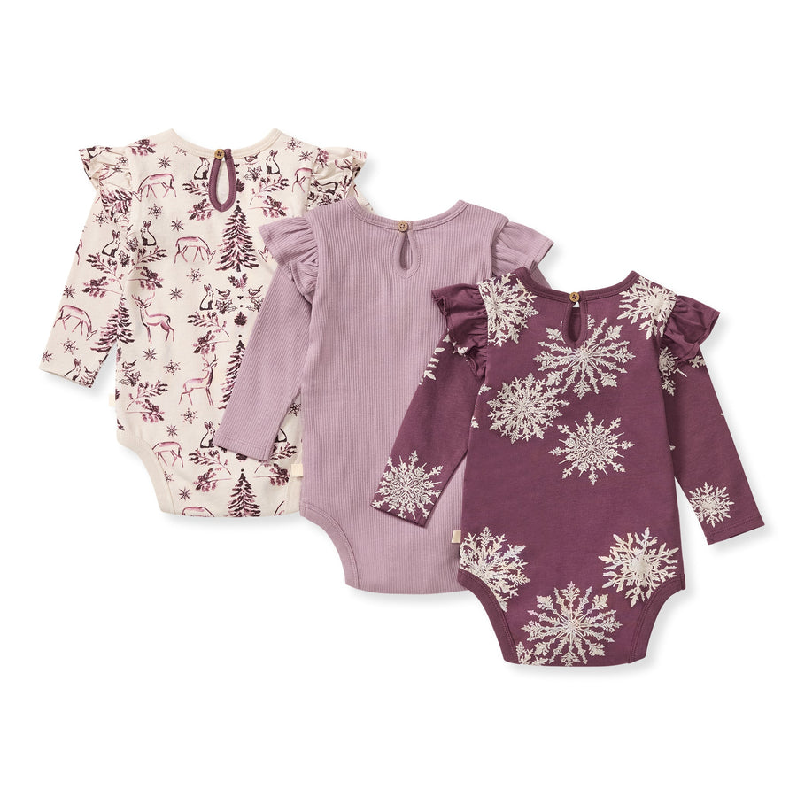 3 Pack Snowflakes & Woodland Long Sleeve Bodysuits - Deep Plum