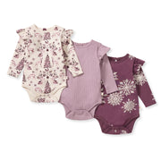 3 Pack Snowflakes & Woodland Long Sleeve Bodysuits - Deep Plum
