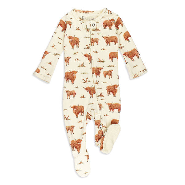 Organic Cotton Zipper Footie - Highland Cow