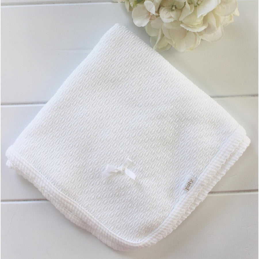 Knit Receiving Blanket with Bow - White with White Accents