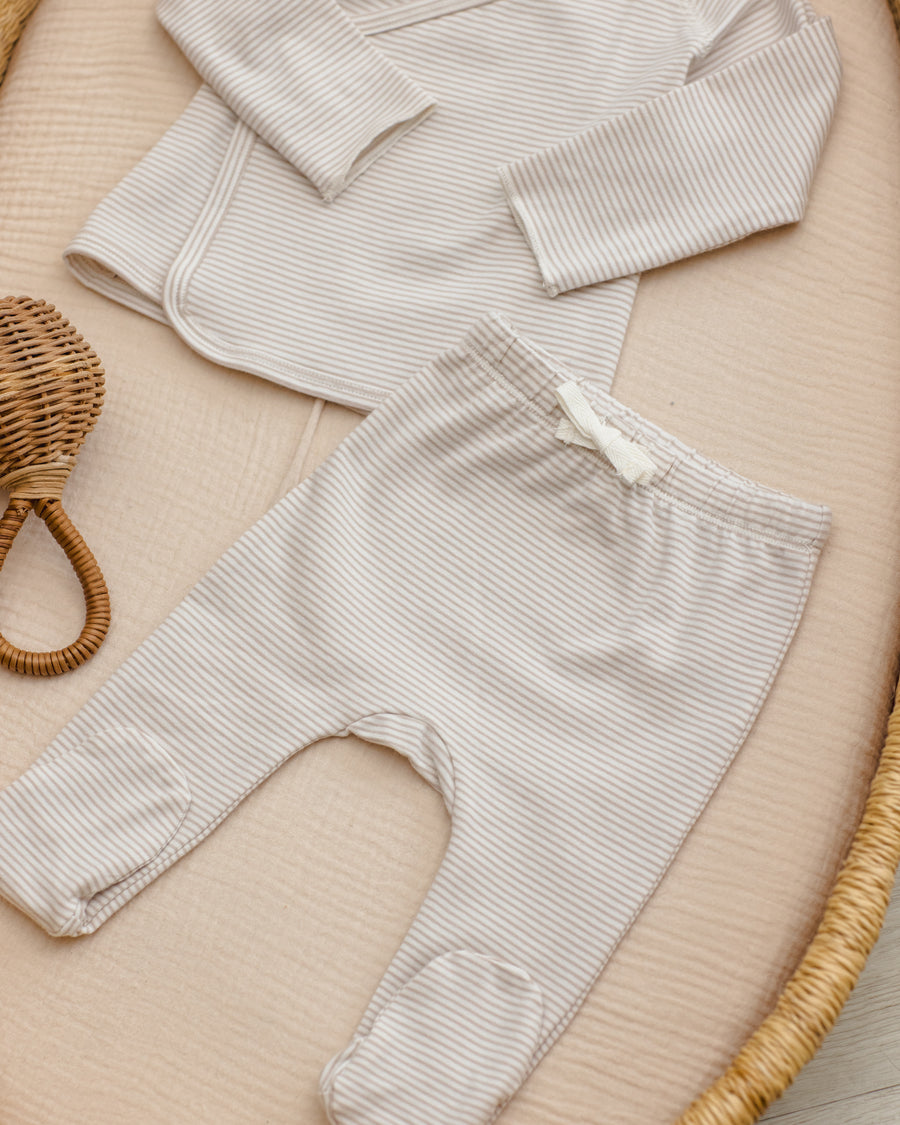 Wrap Top and Footed Pant Set - Oat Micro Stripe