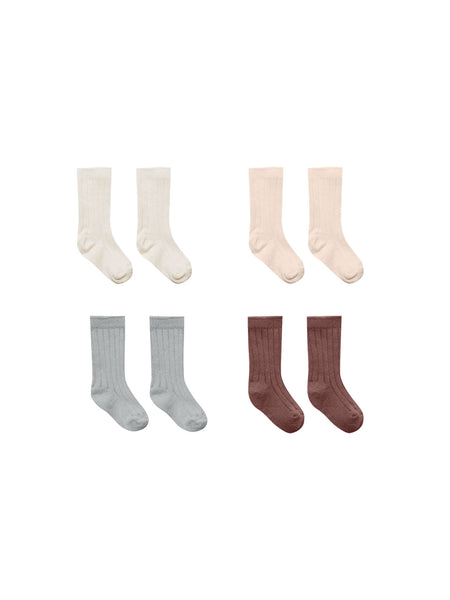 4 Pack of Ribbed Socks - Ivory, Shell, Dusty Blue, Plum