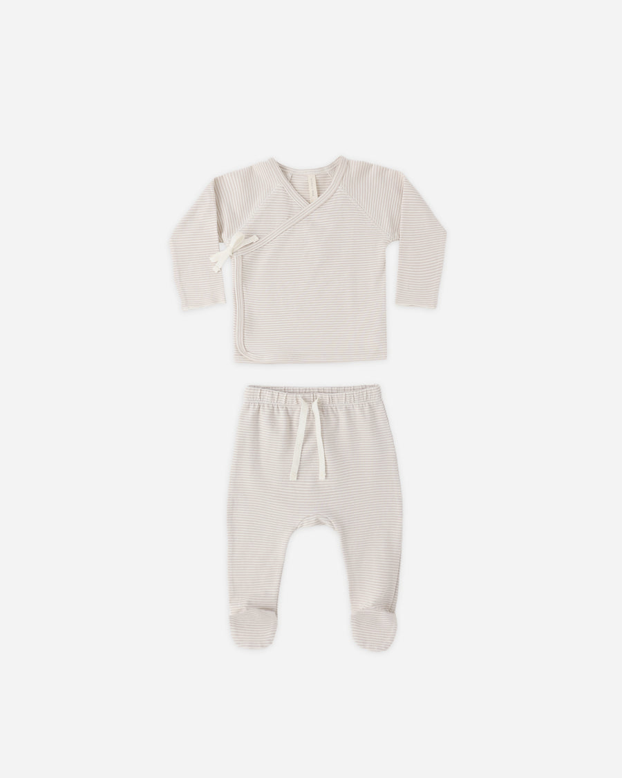Wrap Top and Footed Pant Set - Oat Micro Stripe