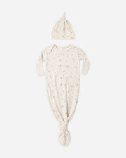 Knotted Baby Gown + Hat Set - Fall Ditsy