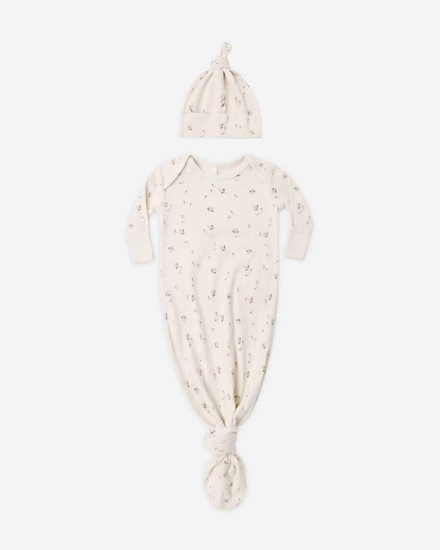 Knotted Baby Gown + Hat Set - Fall Ditsy