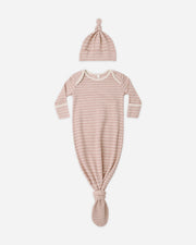 Knotted Baby Gown + Hat Set - Rose Microstripe
