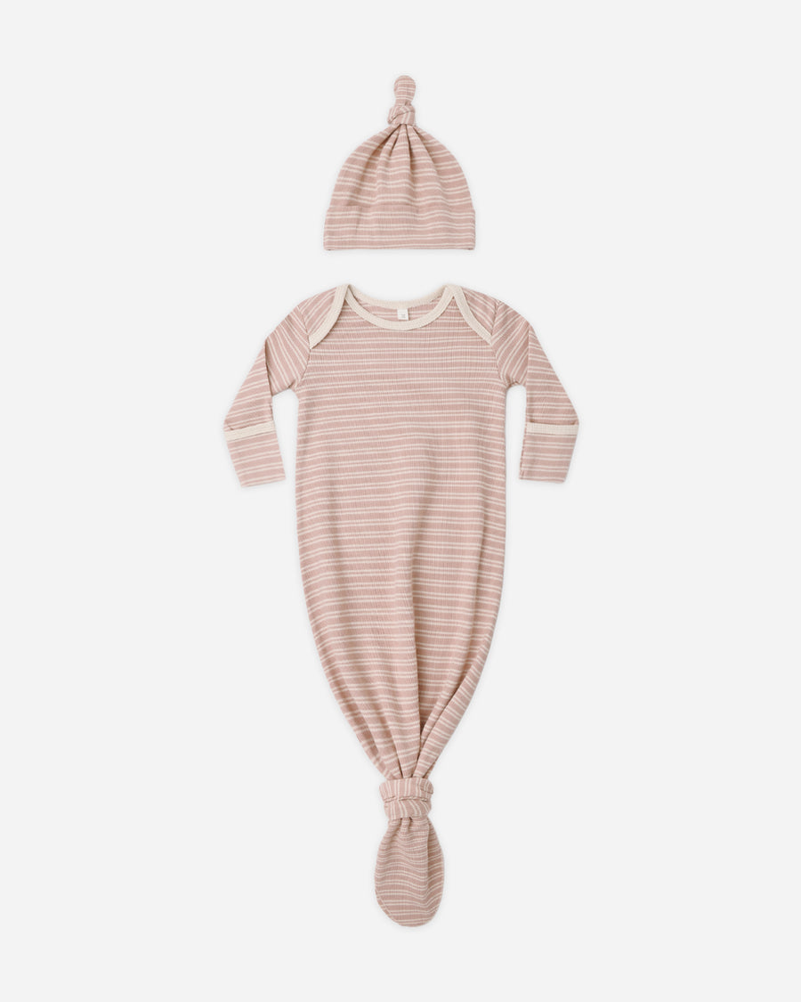 Knotted Baby Gown + Hat Set - Rose Microstripe