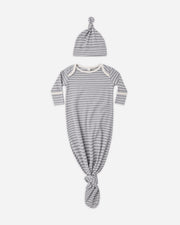 Knotted Baby Gown + Hat Set - Slate Microstripe