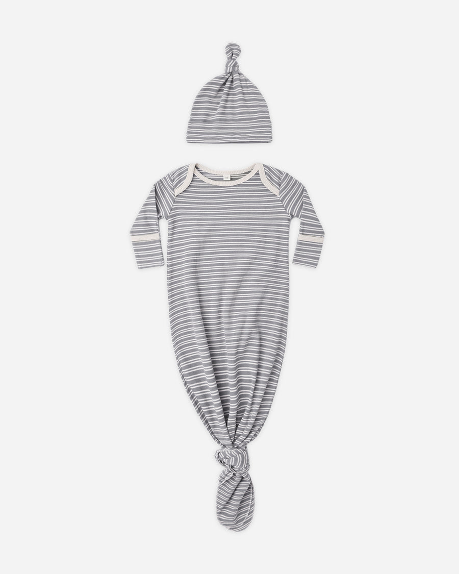 Knotted Baby Gown + Hat Set - Slate Microstripe