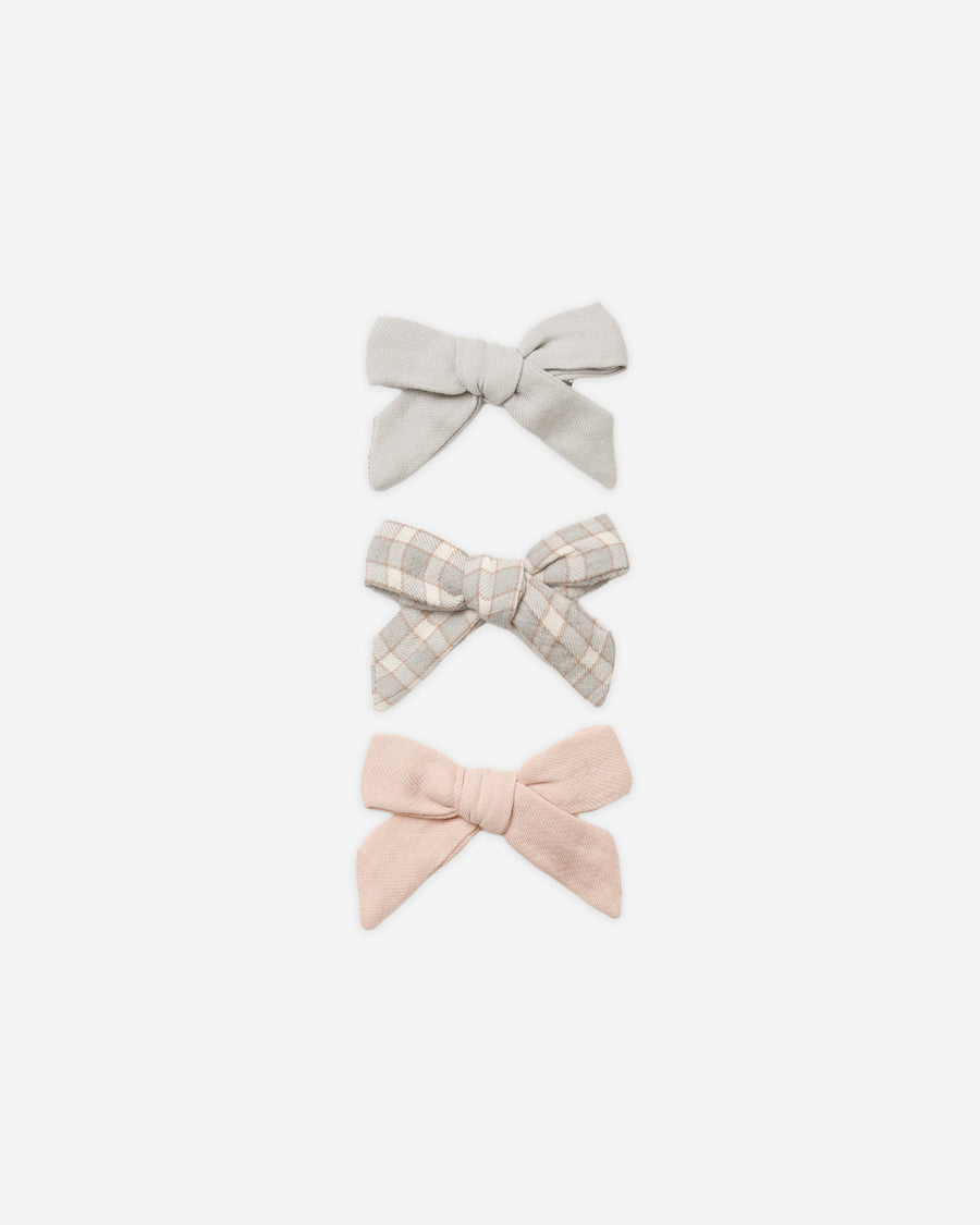 Bow with Clip, Set of 3 - Cloud, Blue Gingham, Dusty Rose