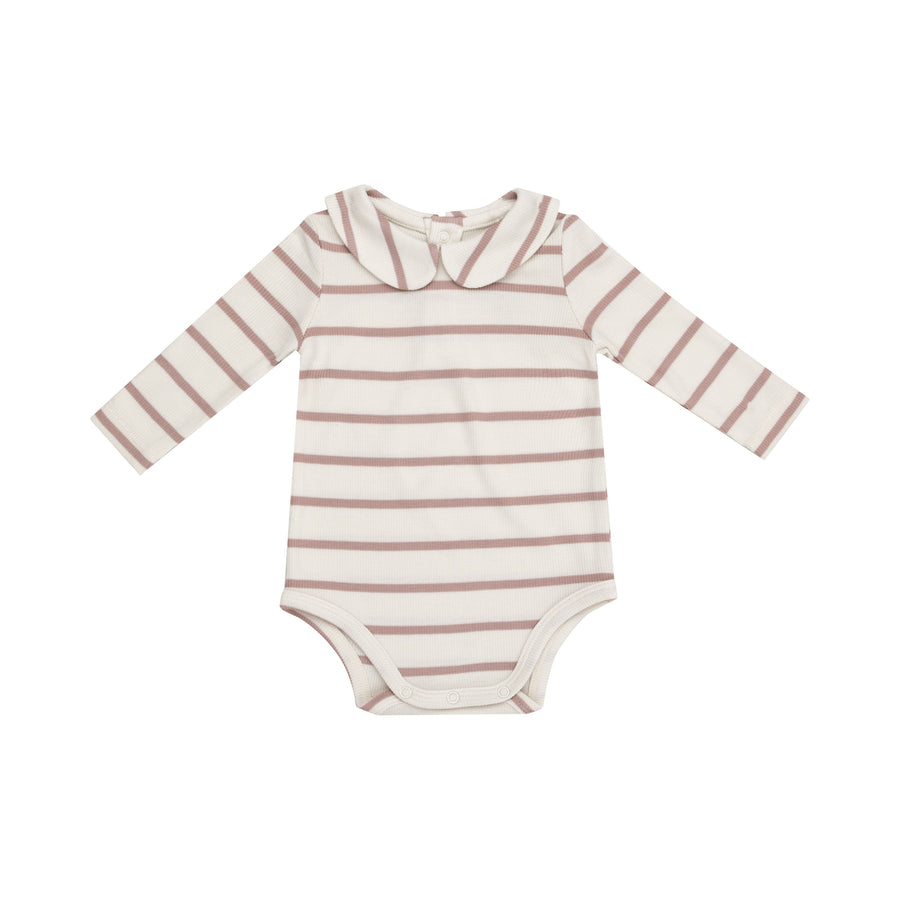 Peter Pan Collar Bodysuit - Ribbed Misty Rose Stripe