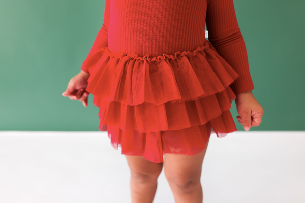 Long Sleeve Tulle Skirt Bodysuit - Dark Red Rib