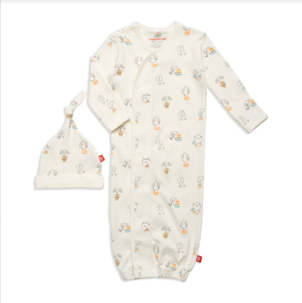 Organic Cotton Magnetic Gown & Hat - Puppy Play