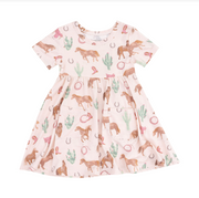 Short Sleeve Twirly Dress - Western Horses Pink