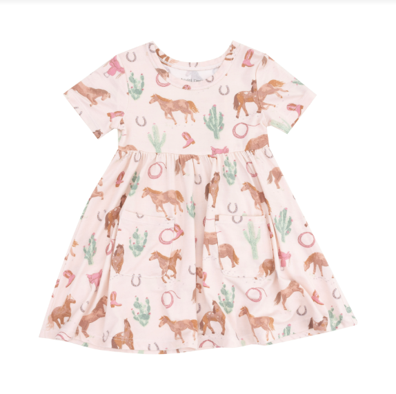 Short Sleeve Twirly Dress - Western Horses Pink