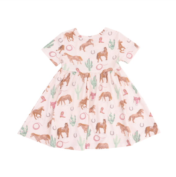 Short Sleeve Twirly Dress - Western Horses Pink