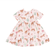 Short Sleeve Twirly Dress - Western Horses Pink