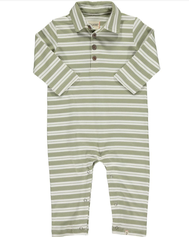 KINGSTON Polo Romper - Sage/Cream Stripe