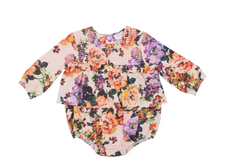Smocked Long Sleeve Bubble with Skirt - Autumn Rose