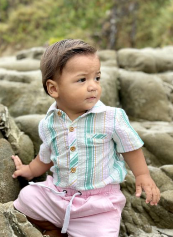 Helford Woven Onesie - Green and Gold Stripe