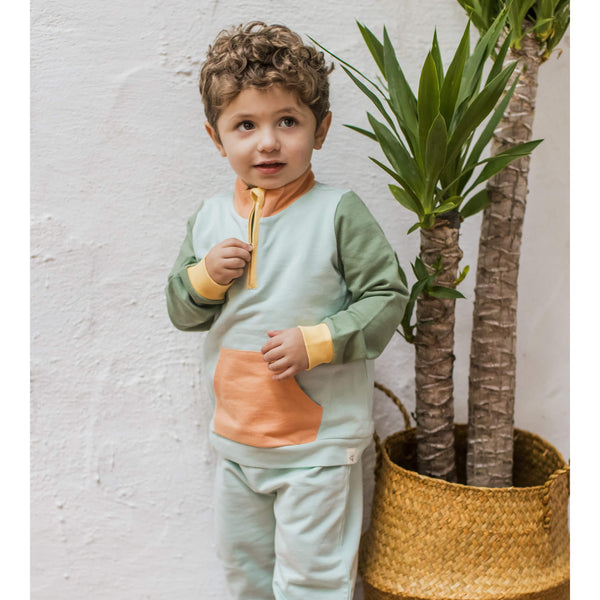 Color Blocked French Terry Hoodie & Pant Set - Sea Foam Blue