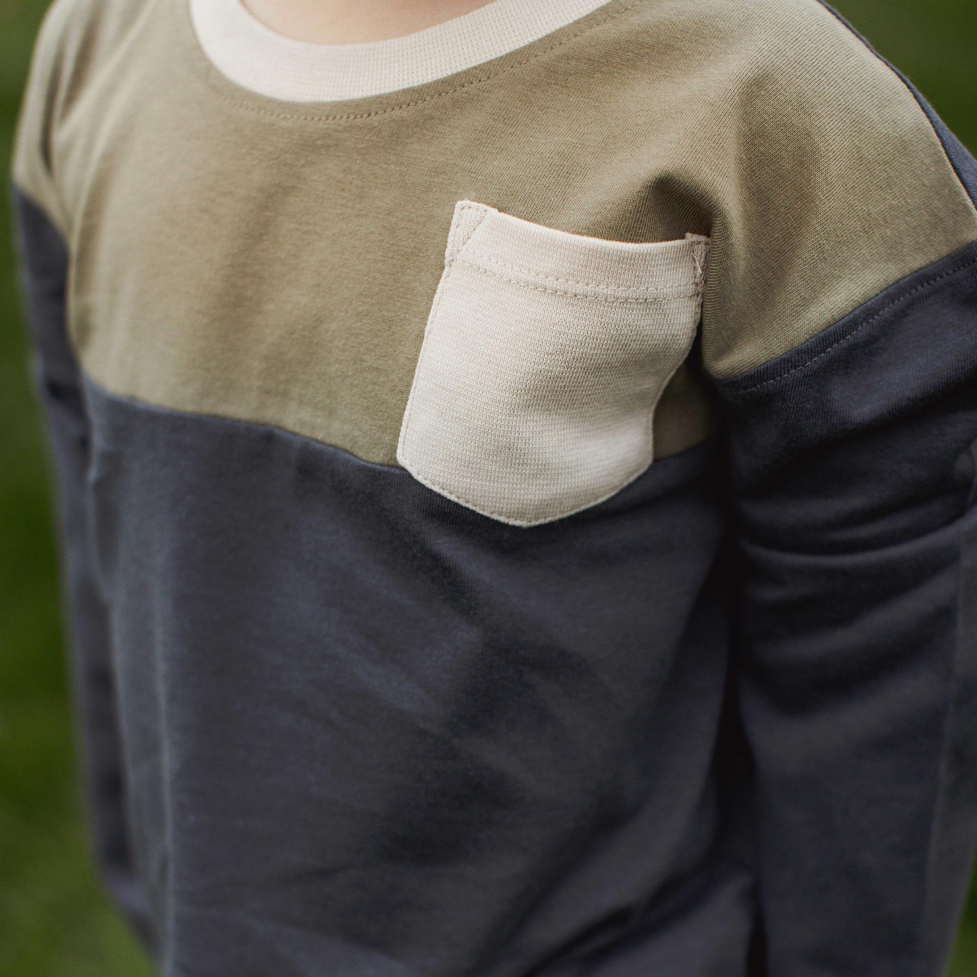 Organic Cotton  Color Block Long Sleeve Shirt - Basalt