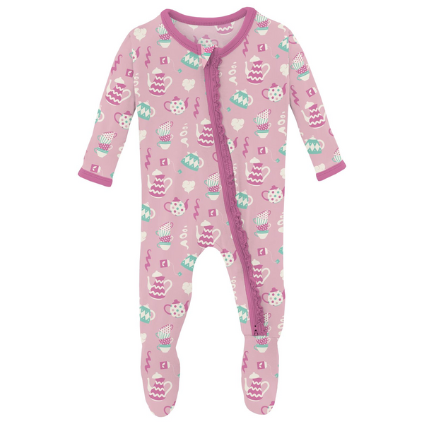 Print Muffin Ruffle Footie with 2 Way Zipper - Cake Pop Tea Party