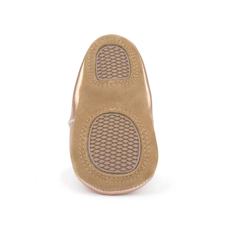 Leather Bow Moccasins - Metallic Rose Gold