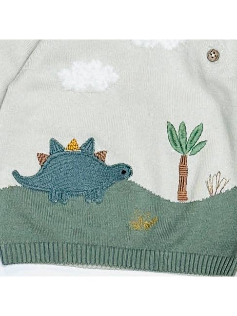 Dino Applique Button Baby Pullover Sweater - Stone