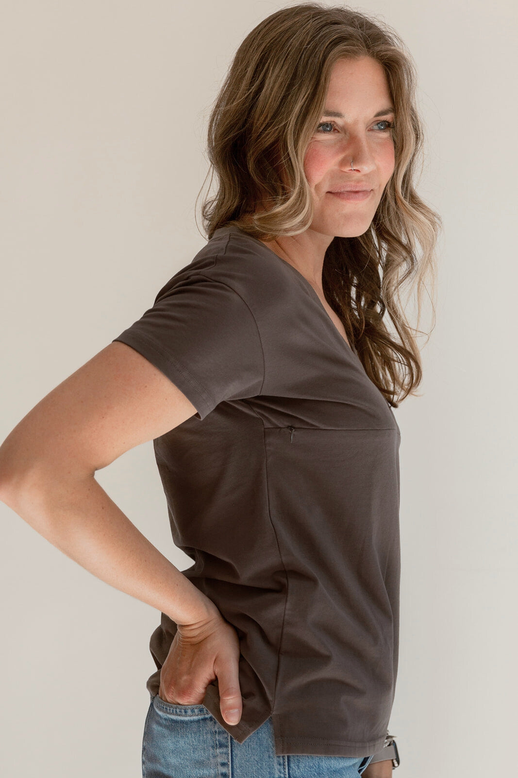 V Neck Full Zip Breastfeeding Tee - Gray