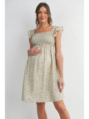 Floral Smocked Maternity Babydoll Dress - Green