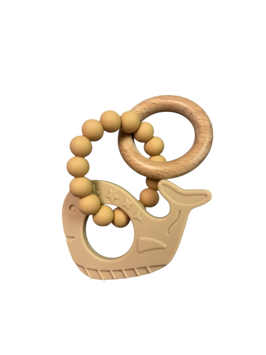 Silicone and Beechwood Whale Rattle Teether - Various Colors