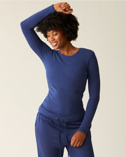 Ribbed Bamboo Long Sleeve Nursing T-Shirt - Deep Blue