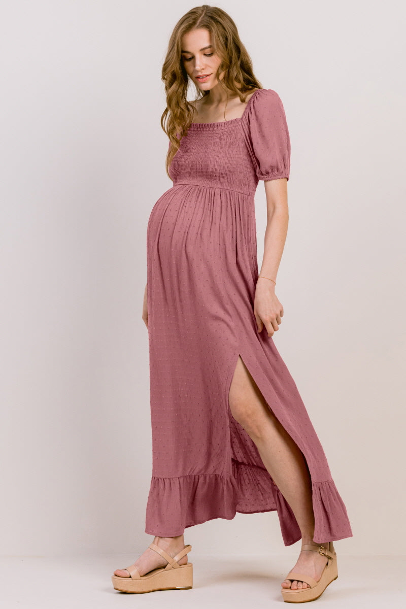 Square Neck Puff Sleeve Maternity Maxi Dress - Mauve