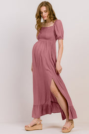 Square Neck Puff Sleeve Maternity Maxi Dress - Mauve
