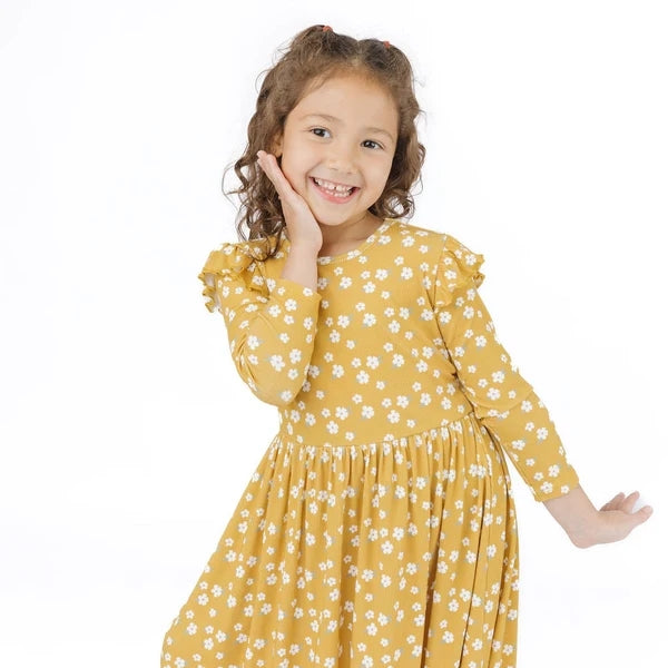 Bamboo Long Sleeve Ribbed Twirl Dress - Golden Blooms