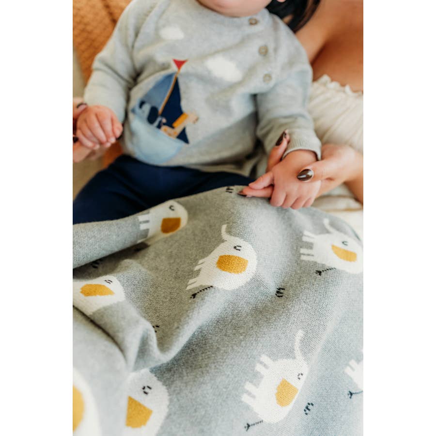 Organic Jacquard Sweater Knit Baby Blanket - Elephant