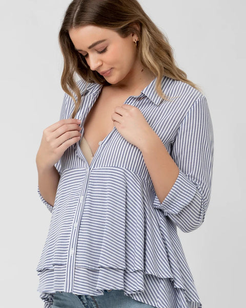 Stripe Layered Peplum Shirt - Navy/White