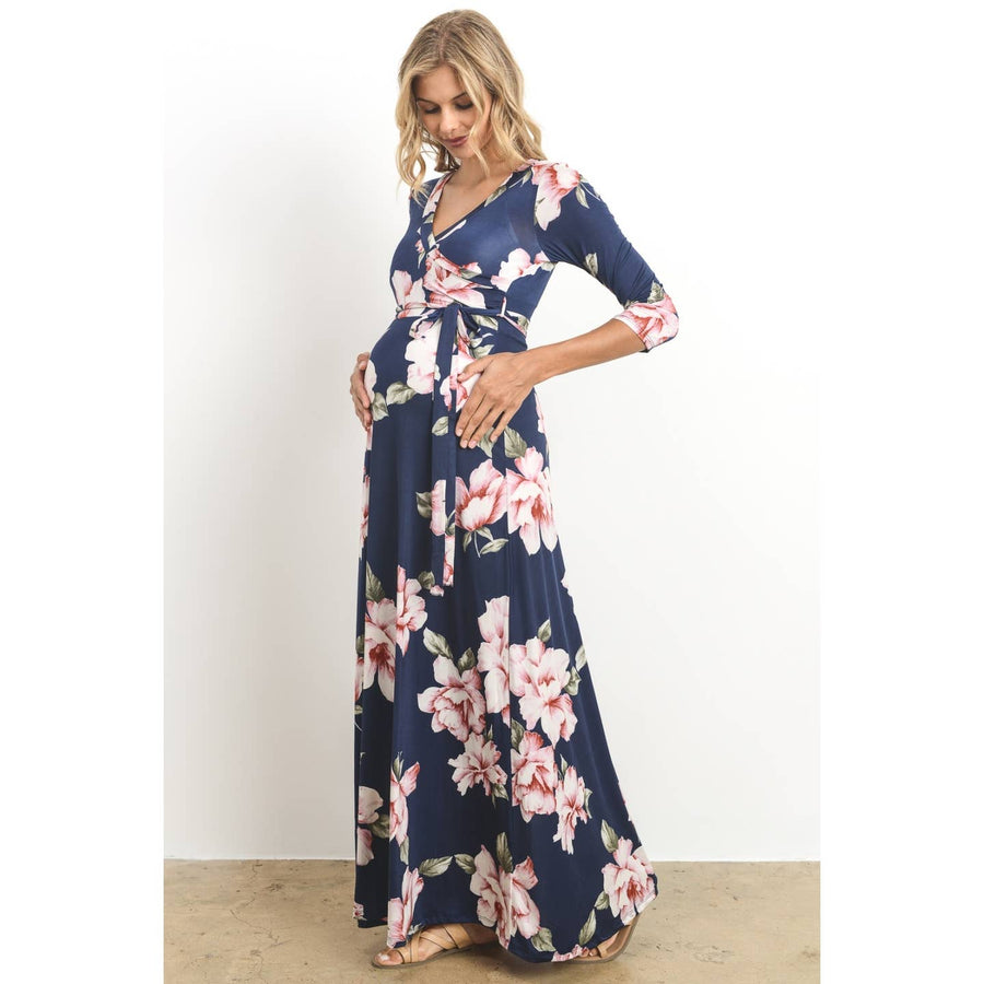 Floral Print Faux Wrap Maternity Maxi Dress - Navy