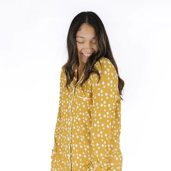 Women's Ribbed Bamboo Long Sleeve Pajama Set - Golden Blooms